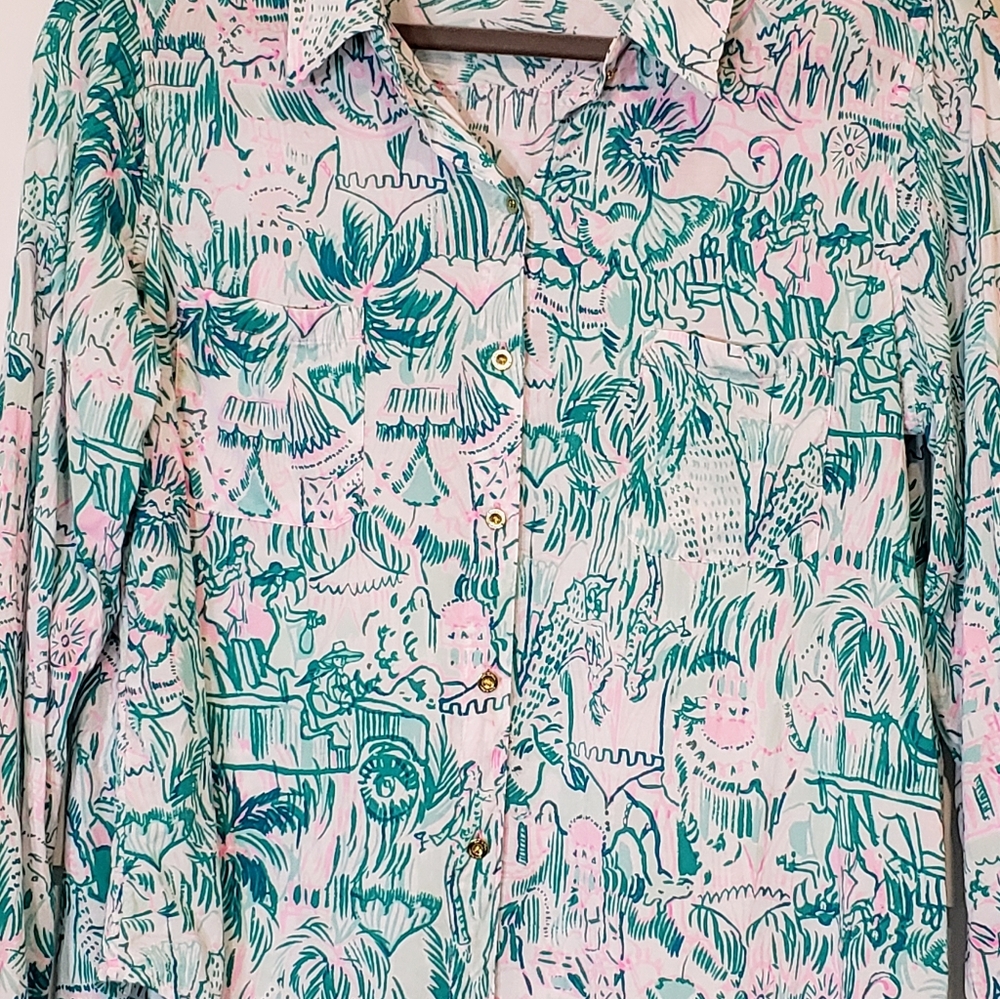 Lily Pulitzer Seaview Button Up Bright Agate Green Colorful Camelflage M… - Picture 4 of 14